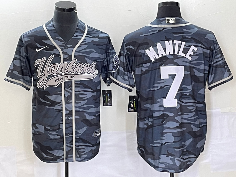 Men's New York Yankees Mickey Mantle #7 Grey Camouflage Jersey Joint Edition